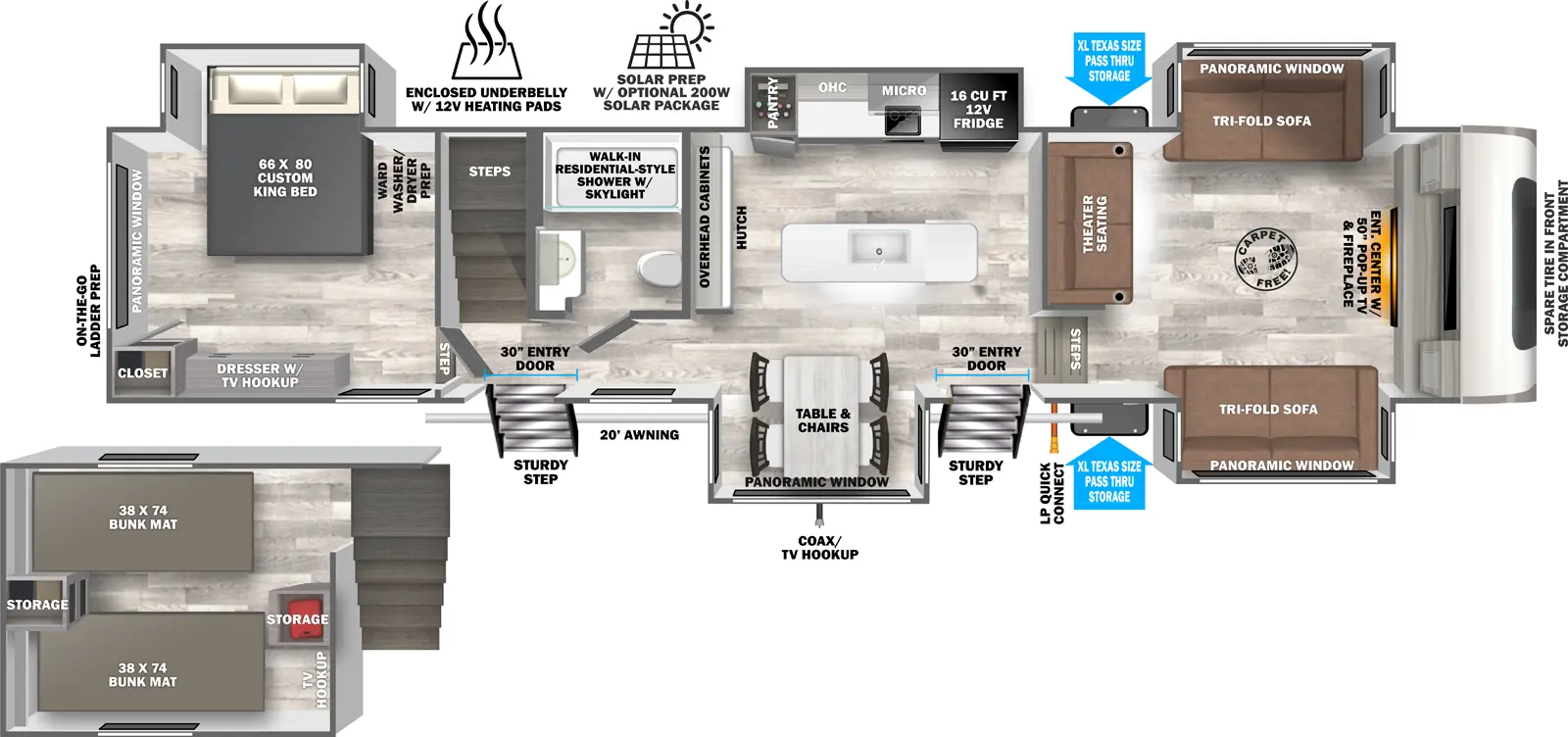 The Hemisphere Fifth Wheels 378FL has two entries and five slide outs. Exterior features include: fiberglass exterior and 20' awning. Interiors features include: loft, kitchen island, free-standing dinette option, rear bedroom and front living.